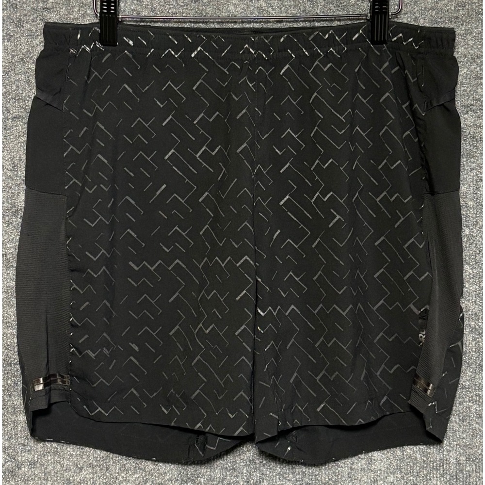Brooks Mens Black Geometric Print Running Shorts Zipper Pocket‎ Athletic Gym S
